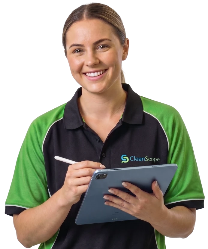 CleanScope team member holding a tablet on a job site