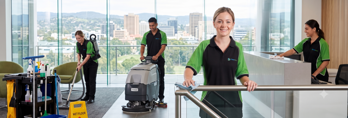 CleanScope team wiping down surfaces in an office