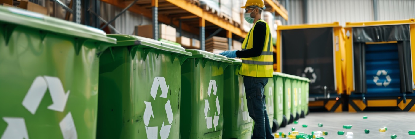 Recycling bins at a commercial waste facility