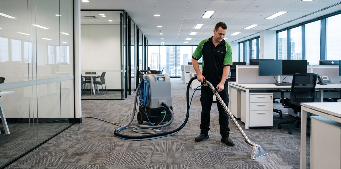 CleanScope cleaner mopping a sunlit commercial foyer